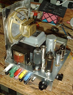 Photo of finished unit showing the tubes, transformers and a speaker mounted on the side