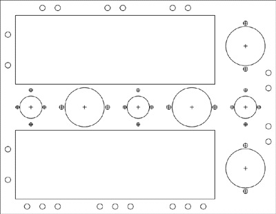 Line drawing of chassis layout.  Holes are indicated as circles.  Centers of holes are marked with crosses.