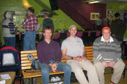 Guys hanging out at the bowling alley.