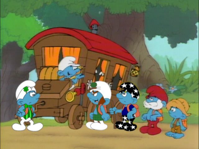 Handy is taking
        a road trip with his Smurf wagon