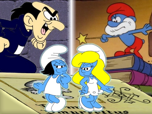 Smurfette before and after being changed into a real Smurf