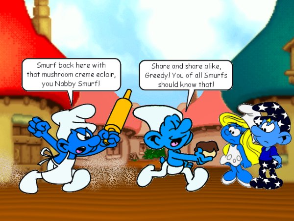 Empath and Smurfette watch in consternation as Greedy chases Nabby with a rolling pin