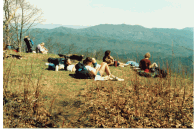 A relaxing afternoon siesta atop the breathtaking Cheoah Bald, 01988. From right to left: Coot, Ken and Carrie, Strider and Zero.
