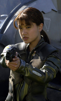 Lt. Sharon Valerii (Boomer) from Battlestar Galactica, as played by the ever beautiful Grace Park. Click to visit the BSG homepage. Note, this opens in a new window.