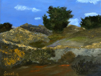 Painting of a Hill with Wild Flowers and Trees