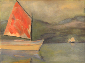 Painting of a Sail Boat in Water with Mountains and Clouds in the Background