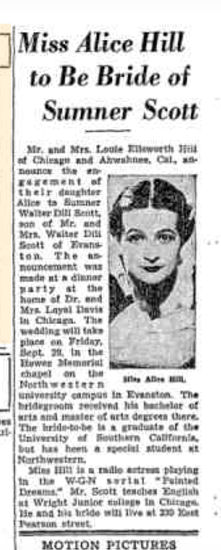 Wedding announcement 1939 Alice Hill & Sumner
              Scott