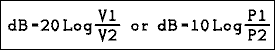 dB = 10 times the log of P1 over P2 or dB = 20 times the log of V1 over V2.