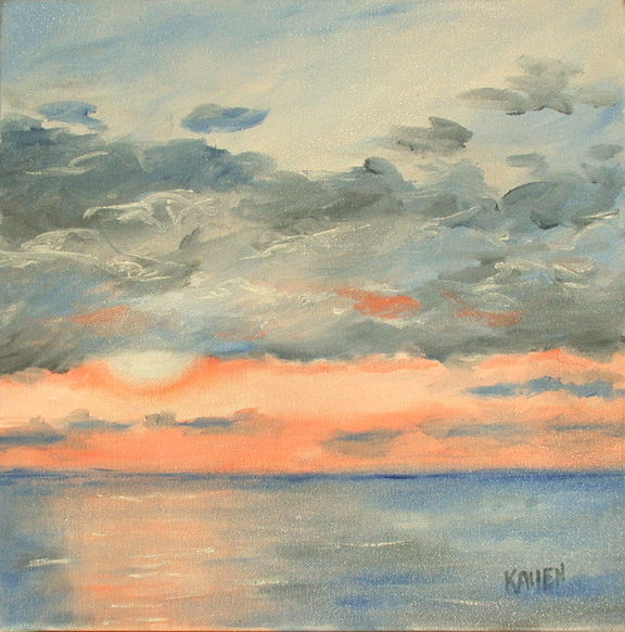 a painting of a sunset over the water