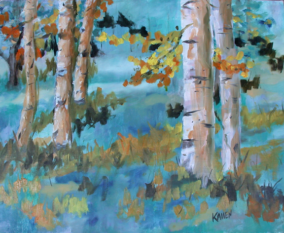 a painting of birch trees