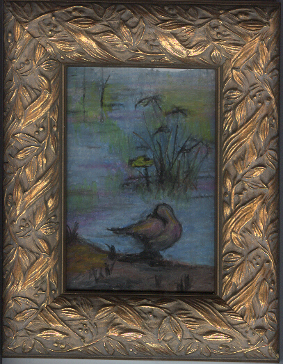 a painting of duck on shore