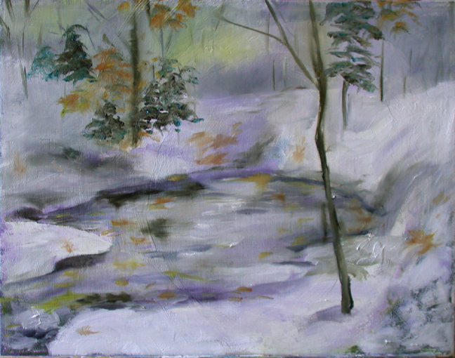 a painting of the woods in winter