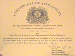 Certificate of Affiliation:U.S. Army Quartermasters