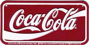 Coca-Cola logo bicycle license plate.  Coca-Cola  brand license plate.  1998 The Coca-Cola Company.  All rights reserved.