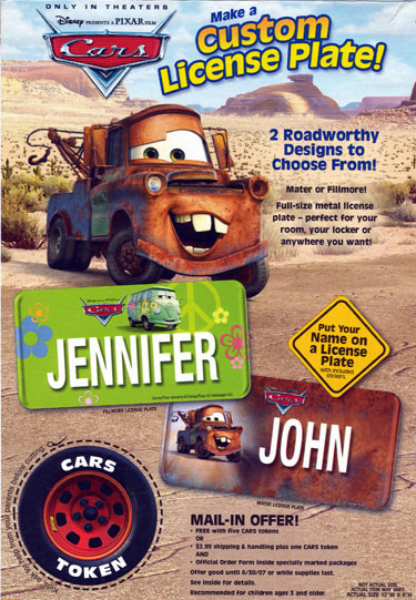 Kellogg's Pixar 'Cars License Plate, Back of cereal box