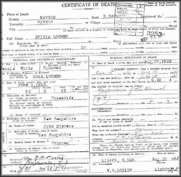 Sylvia Jane Loomer Death Certificate