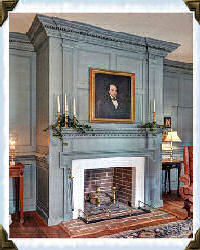 portrait above blue fireplace