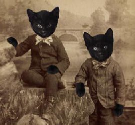 two cats in Victorian clothes