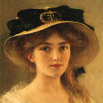 portrait of woman in straw hat with black ribbon