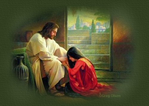 Jesus with kneeling sinner