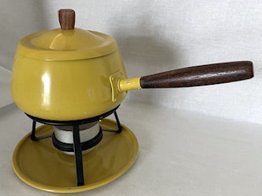 Vintage 1970s Mustard Yellow Aluminum Fondue Set 