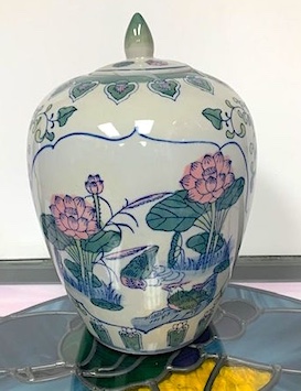 Ginger Jar Urn Pink Lotus and Teal Green Leaves on Pond