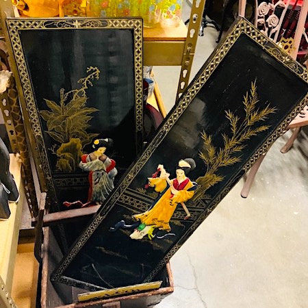 Vintage Asian Geisha Black Lacquer Wall Panels