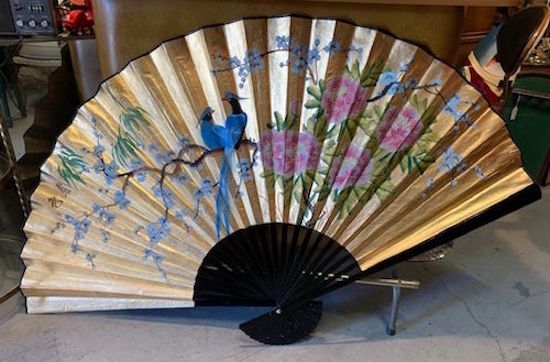 Vintage Large Hand Painted Asian Wall Fan with Birds and Flowers