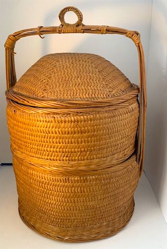 Vintage Chinese Wedding Stacking Basket 2 Tier Woven Wicker and Bamboo