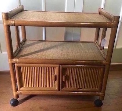 MCM 1970s Vintage Natural Woven Bamboo Rattan Serving Cart on Wheels