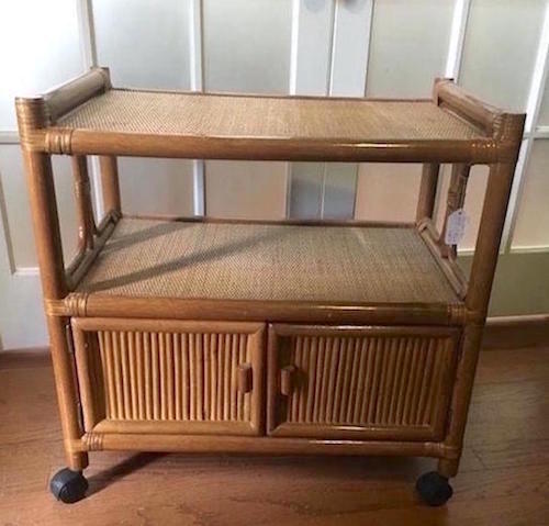 Vintage Woven Bamboo Rattan Beverage Serving Cart