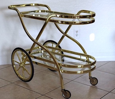 Circular Gold Rolling Two Tier Bar Cart with Black Glass Shelves