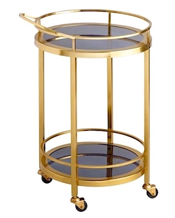 Circular Gold Rolling Two Tier Bar Cart with Black Glass Shelves