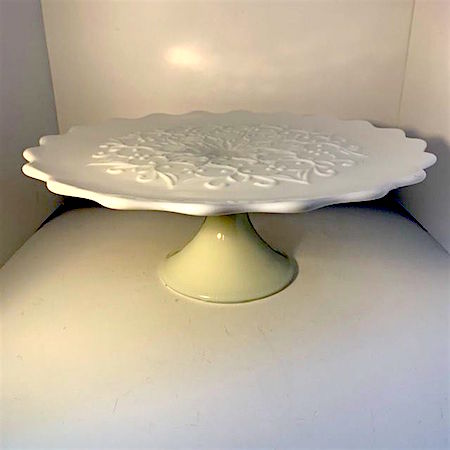 Fenton Milk Glass Cake Stand with Scalloped Edge and Spanish Lace Detail in Center