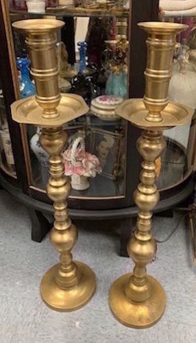 Brass Altar Candles Holders, Pair Floor Pillar Candlesticks