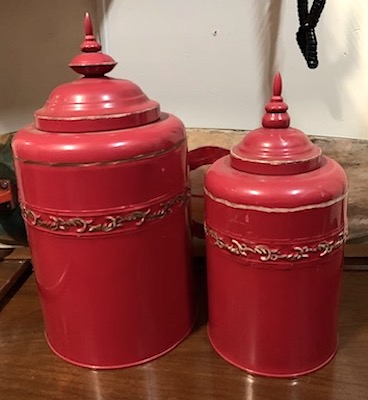 Enamel Metal Red Jars and Pointed Finial Tops