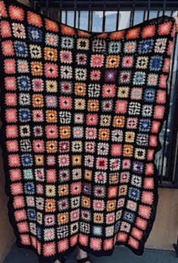 Vintage Colorful Granny Square Afghan Blanket with Black border