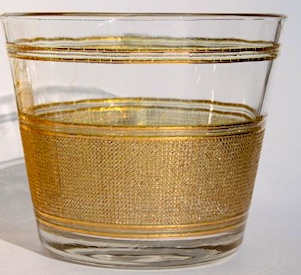 Mid Century Culver 22 Karat Gold Basket Weave Pattern Barware w Caddy