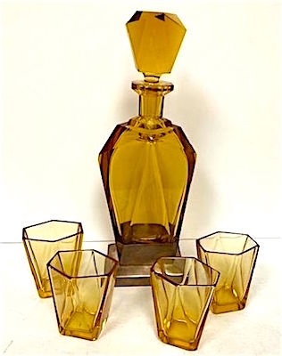 Art Deco Czech Palda Era Amber Glass & Sterling Silver Decanter Set