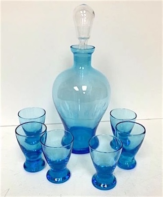 Mid Century Hand Blown Glass Blue Cocktail Set