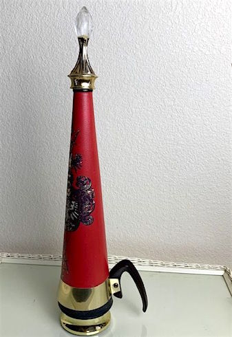 Vintage Decanter Musical Tall Red & Gold with Medieval Shield Swords