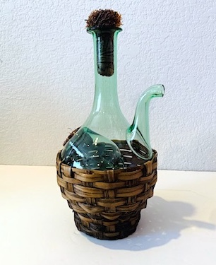 Vintage Hand Blown Emerald Green Glass Wine Decanter with Ice Chamber & woven basket