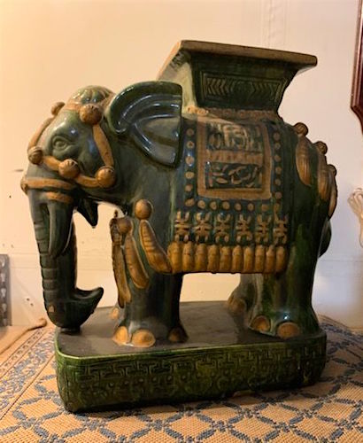 Large Forest Green Ceramic Elephant Garden Stool Side Table