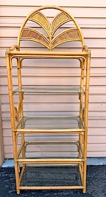 Mid Century Rattan and Bamboo Etagere with Palm Leaf Motif 