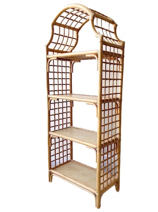 Mid Century rattan and bamboo pagoda tagre with glass over 4 woven wicker shelves
