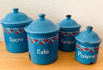 Vintage Blue Enamel French  Kitchen Canister Set