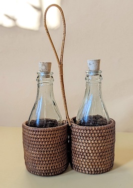 1970s Vintage Oil and Vinegar Bottles, Glass and Rattan