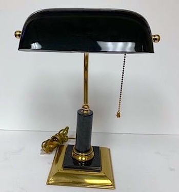 Vintage Bankers Bank Brass With Black Glass Shade and Marble Base