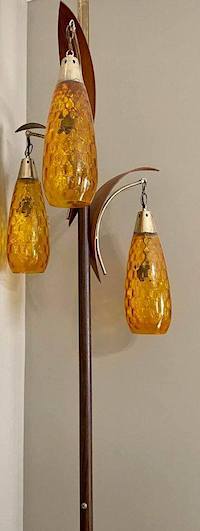 Mid-century Modern Pole Tension Floor Lamp with 3-Lights  Amber Glass Shades