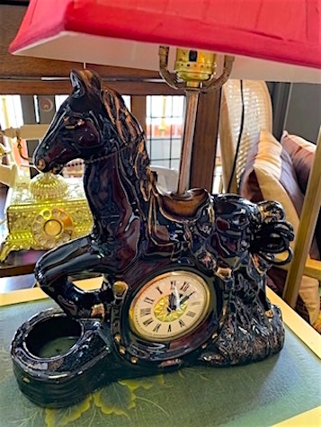 Vintage Ceramic Horse Lamp with Clock and Planter